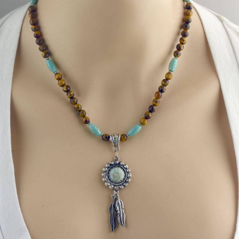 Tiger Eye & Turquoise Feather Necklace Set